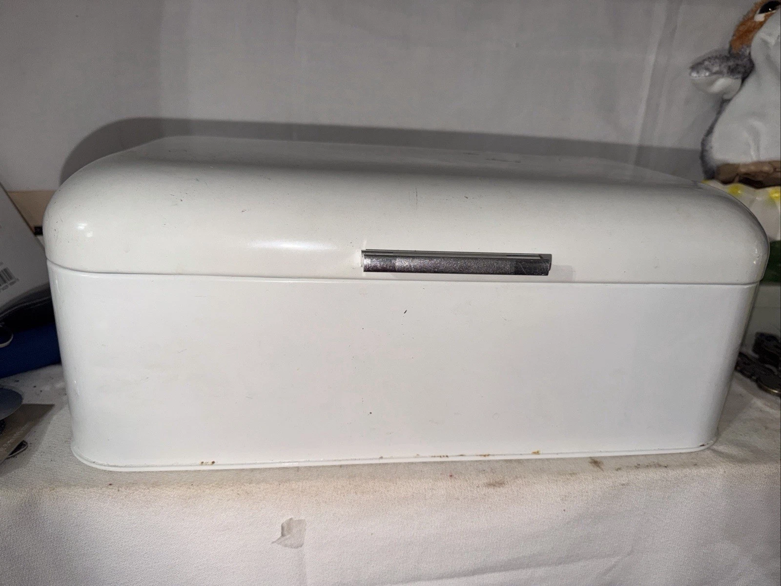 Vintage Enamel Ware Bread Box Counter Bin Farmhouse Decor Hinged Lid White
