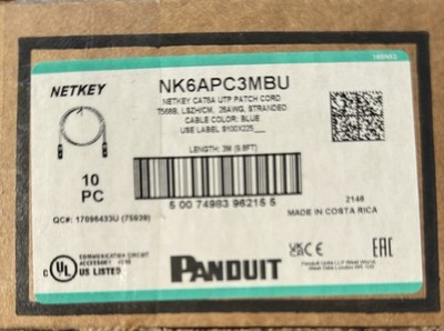 Panduit Netkey CAT6A UTP Patch Cord T568B, LSZH/CM, 26AWG, Stranded Cable Blue