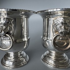 Pair Vintage Viners Sheffield Silverplate Mini Urn Vases Lion Handles England 3”