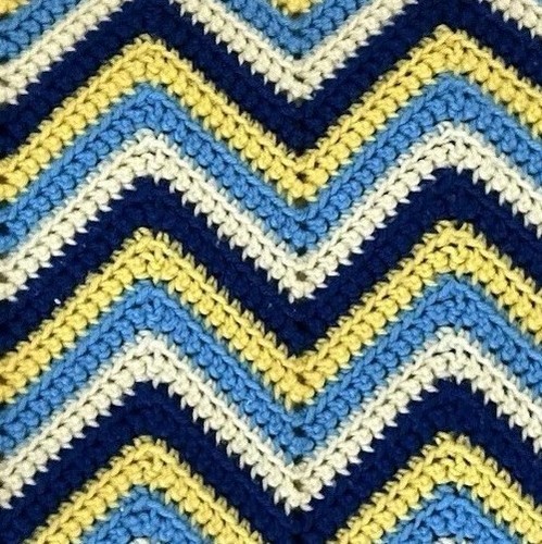 Beach Knit Chevron Blue Yellow Handmade Blanket Crochet Afghan Throw 90x67 in.