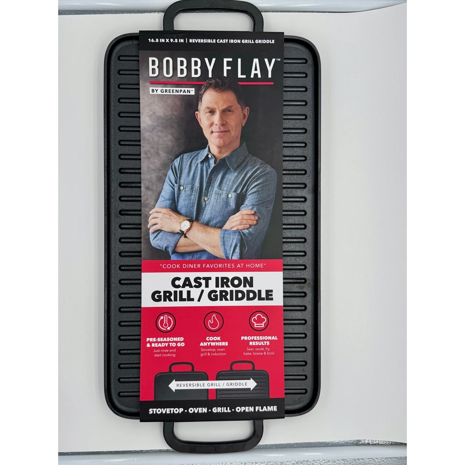 GreenPan Bobby Flay Reversible Cast Iron Grill Griddle 16.5x9.5 CC008683-001 New