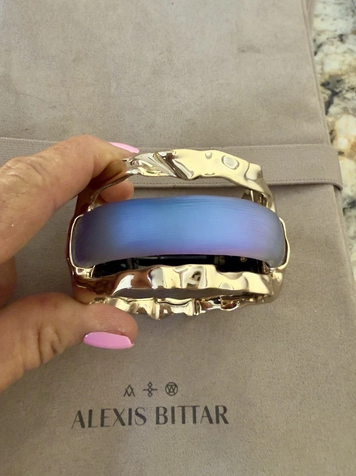 100% Authentic Alexis Bittar Irridscent Blue Lucite & Molten Gold Hinge Bracelet