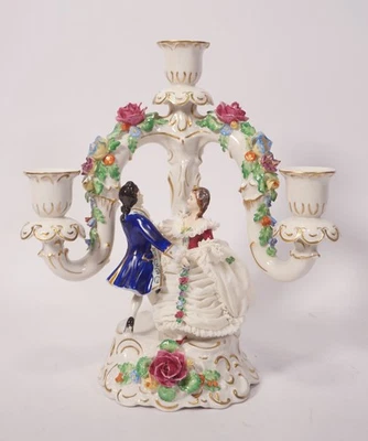 Müller & Co.Volkstedt Porcelaine Porte-Bougie 3-flammig Personnes Paysage Fleurs - Photo 1/4
