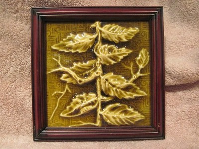Wonderful Antique Decorator Wall Tile w/Leaves in Golden Green Glaze