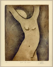FEMALE Figure TORSO BODY STRETCHING. Original Modernist Sepia MEZZOTINT Signed