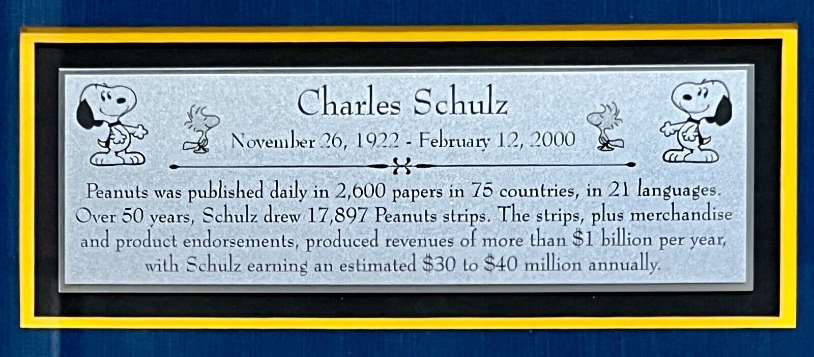 Charles M. Schulz d.2000(Charlie Brown-Peanuts) signed custom framed display-PSA