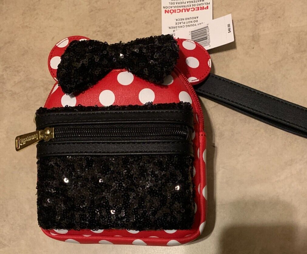 Disney Parks Loungefly Minnie Mouse Sequin Polka Dots Mini Wristlet Belt  Bag NEW