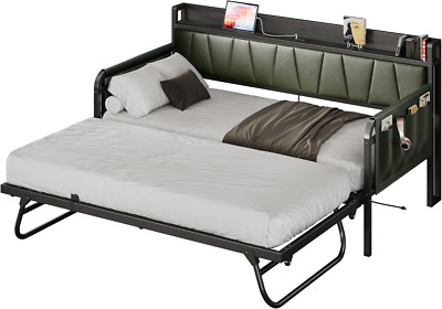 Stylish Dark Green Daybed with Trundle, Storage Headboard & Charging Station