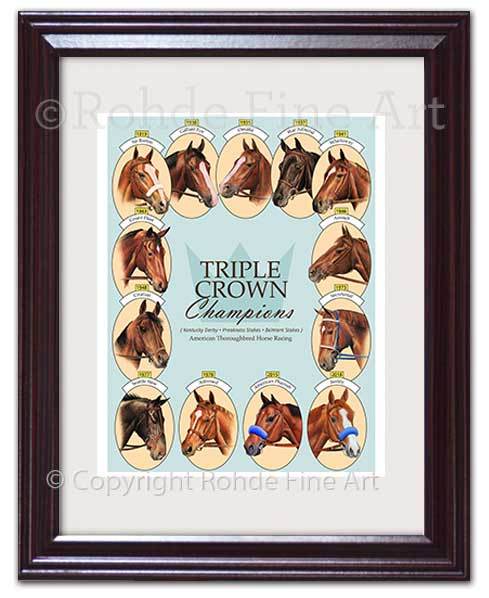 13 TRIPLE CROWN WINNERS FRAMED THOROUGHBRED HORSE RACING ART signed print ROHDE
