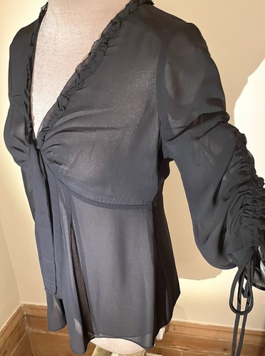 Esprit Black Sheer Top Blouse~UK 10 36 S~Frilly~Gathered Adjustable Long Sleeves - Picture 2 of 21