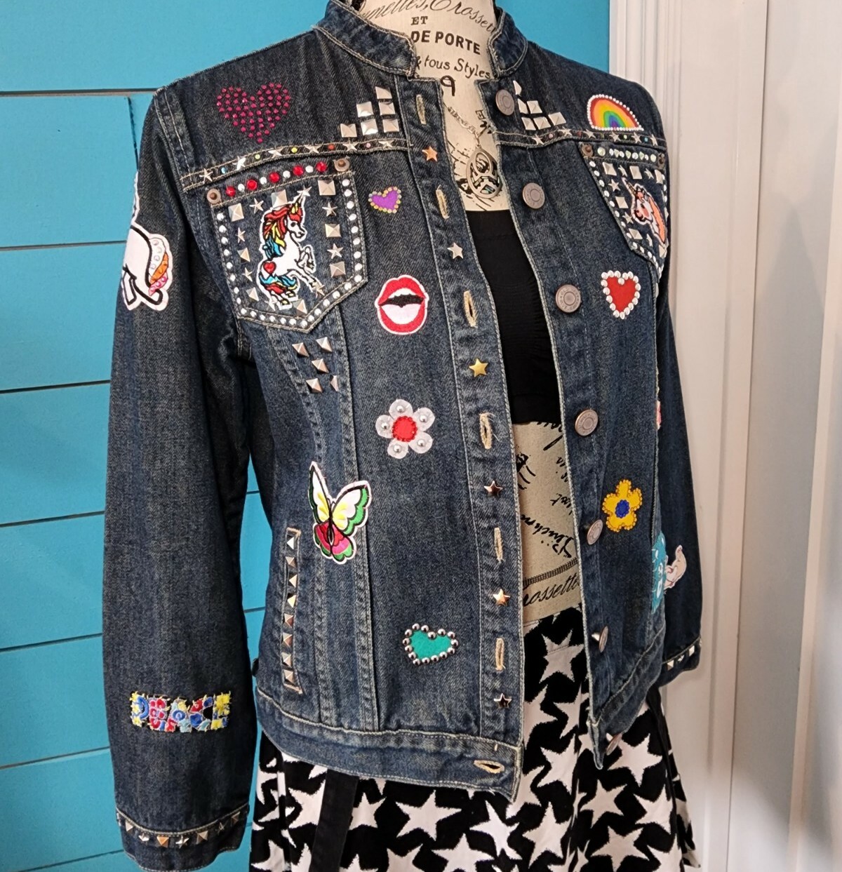 OOAK Unicorn Madness Patch Jean Jacket Studs Beda… - image 1