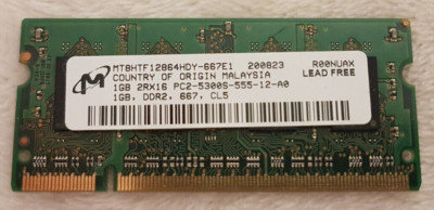 1 GB DDR2 667 CL5 RAM 200pin SO-DIMM 2Rx16 PC2-5300S Micron MT8HTF12864HDY-667E1