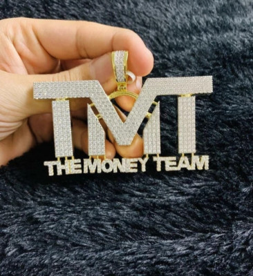 3Ct Round Real Moissanite Custom THE MONEY TEAM Pendant 14K Yellow Gold Plated
