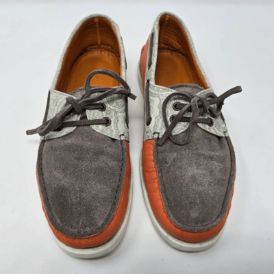 ETRO MILANO ORANGE BROWN LEATHER PAISLEY BOAT SHOES MENS  display picture 2