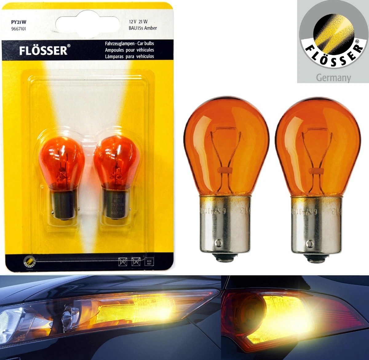 Flosser PY21W 21W 9667101 Amber Orange Light Two Bulbs Rear Turn Signal Replace