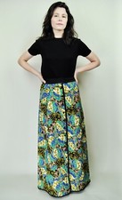 1960s Vintage Blue and Green Psychedelic Quilted Floral Button Maxi Skirt - Md