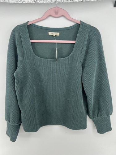 Madewell Ottoman Rib Square Neck Top Green Size M Long Bishop Sleeve  Stretch | eBay
