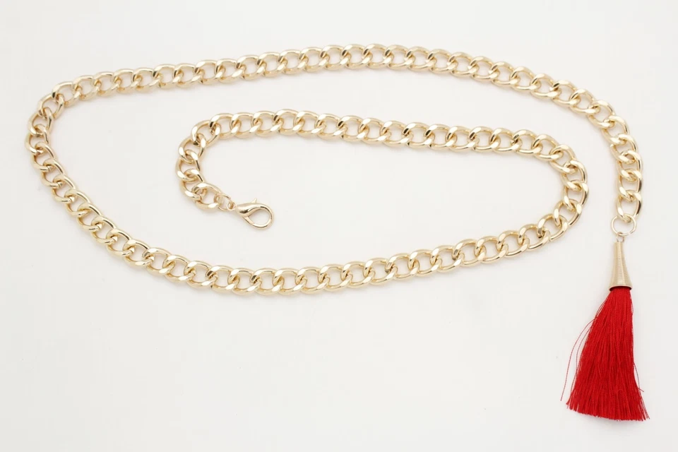 Mujeres Ajustado Bling Cinturón Oro Metal Cadena Eslabón Rojo Flecos Borla Hebilla M L XL Foto 3 de 4