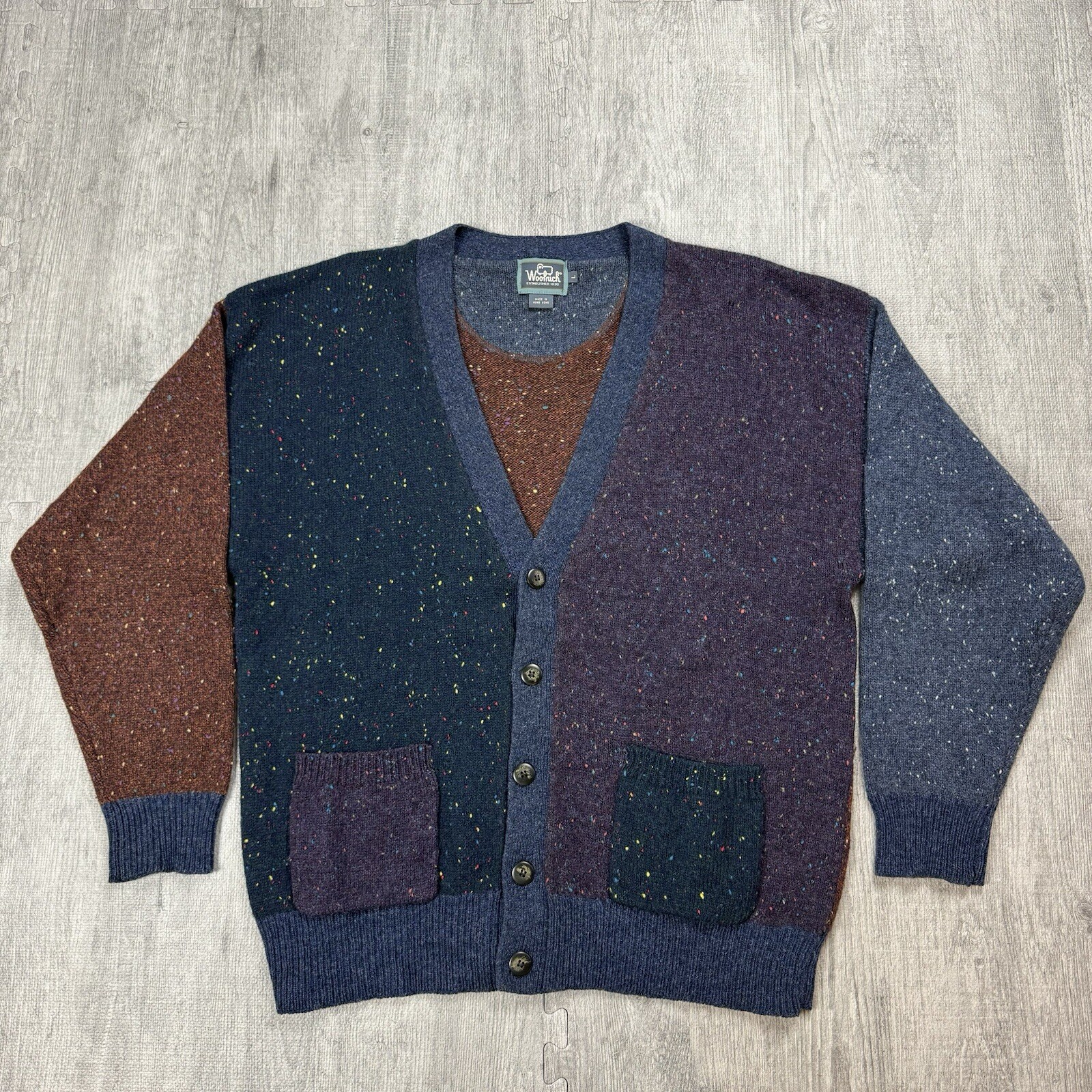 VTG WOOLRICH COLORBLOCK SPECKLED WOOL BUTTON CARDIGAN MENS LARGE RARE COSBY
