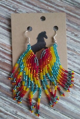 Native American Beaded Fringed Earrings/Multi Colored/Hook jewelry