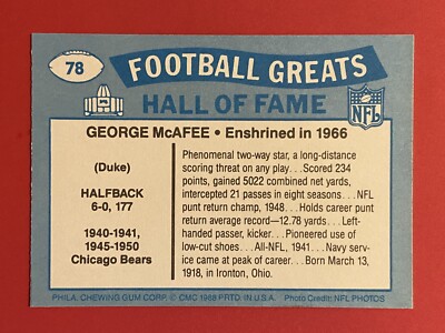 GEORGE McAFEE (Dec) HOF Signed 1988 Swell Greats Chicago Bears
