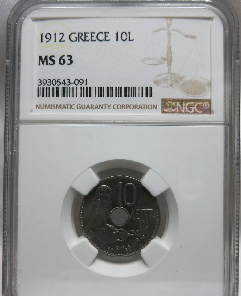 GREECE Kingdom 10 lepta 1912 NGC MS 63 UNC Owl Animal Nickel Holed Paris Crown - Image 3 of 3