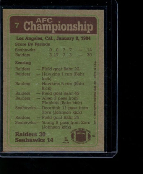 1984 Topps Set 1983 AFC CHAMPIONSHIP MARCUS ALLEN #7 RAIDERS SEAHAWKS  - Image 2 of 2