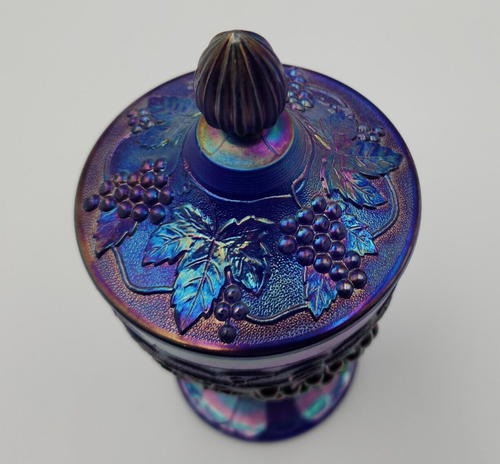 Vtg Imperial Glass Carnival Cobalt Blue Peacock Leaves & Grape Candy Dish w/ Lid - Picture 4 of 11