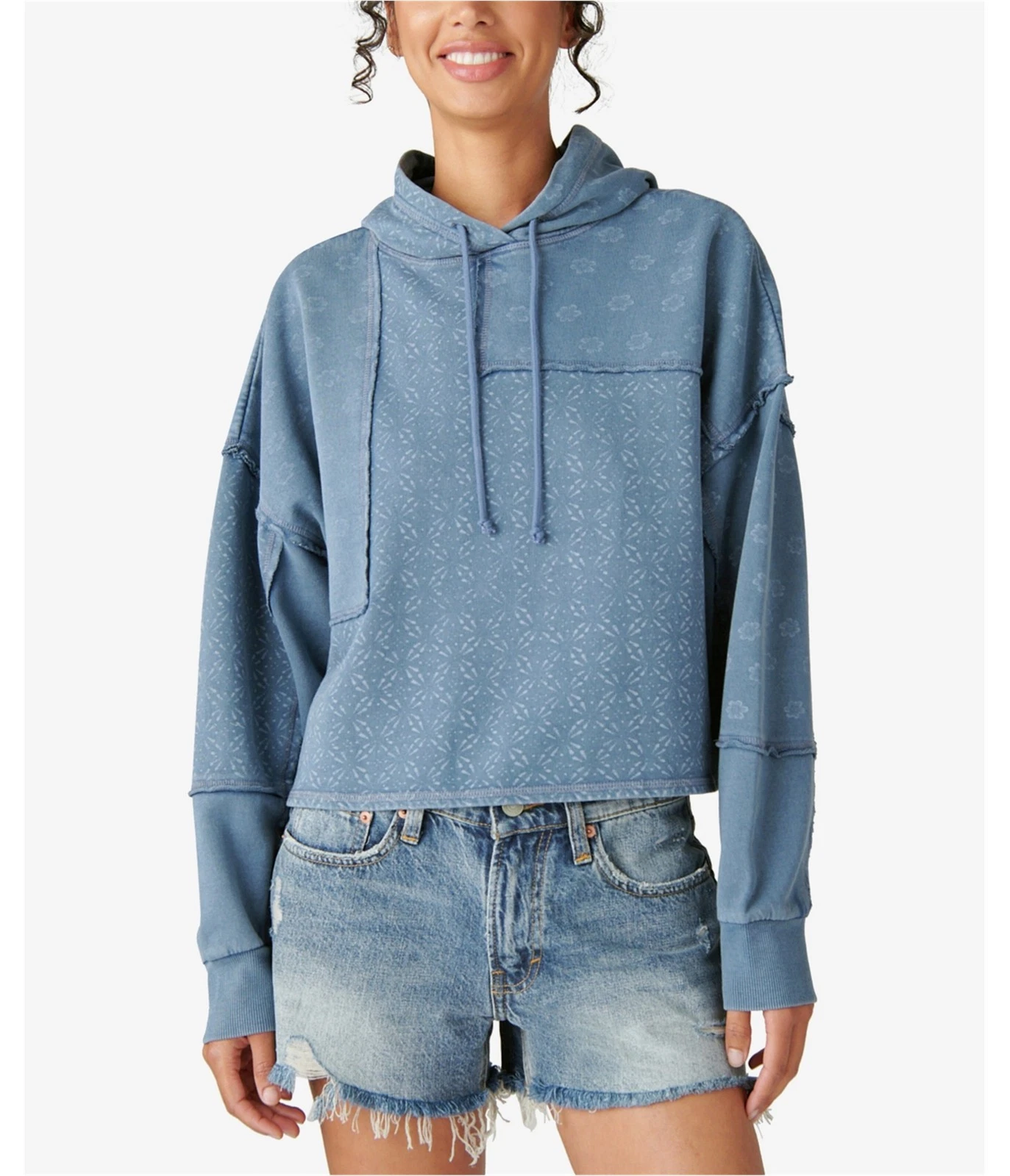Lucky Brand Womens Patch Hoodie Sweatshirt, Blue, Large