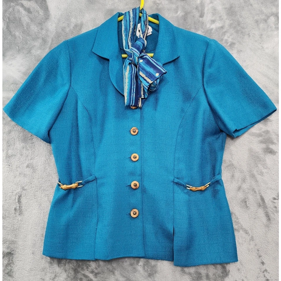 Conjunto de falda vintage Leslie Fay para mujer 12 azul manga corta blazer a rayas plisado Foto 2 de 4