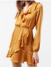 Express Faux Wrap Mini Dress Yellow Gold XS Feminine Flowy Vacation Romantic