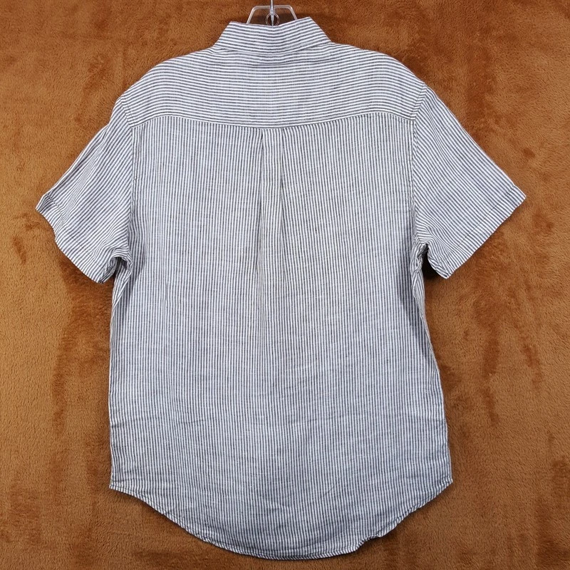 HERITAGE Shirt Mens Large Tan Brown Stripe Button Up Short Sleeve 100% Linen - Image 4 of 4