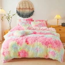 Fluffy Faux Fur Rainbow Comforter Cover Twin Set – Plush Fluffy Rainbow Be