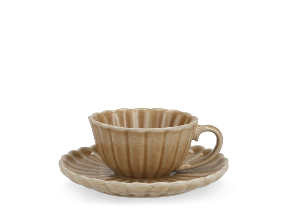 H&H 6 Coffee Cups Lotus With Saucer Stoneware Beige cc 120