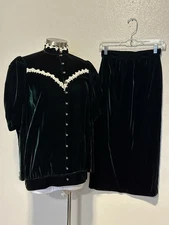Vintage Jessica McClintock Victorian Green Velvet & Lace 2 Pc Top Skirt Sz S/2-4