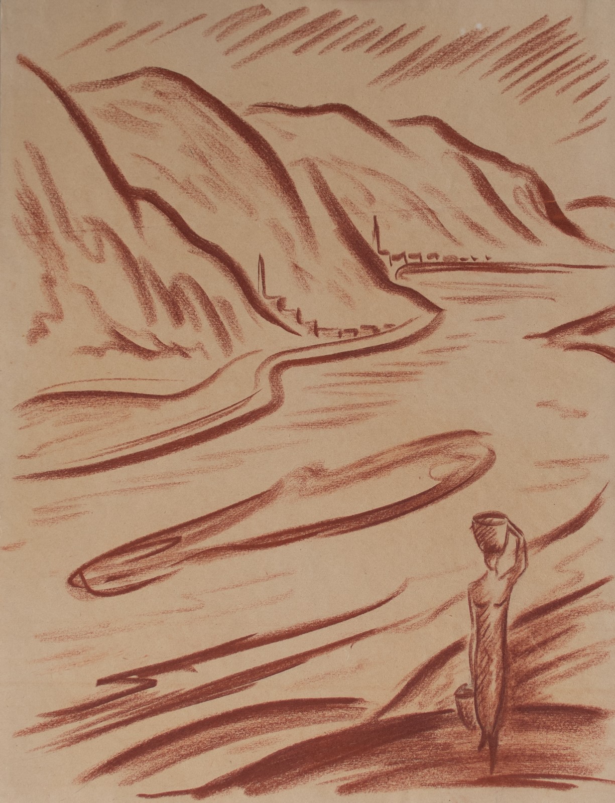 Fritz Zalisz Southern Landscape Expressionism Signed Unique Rubella Drawing