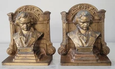 Antique Bradley & Hubbard 1925 Beethoven Bookends Gilded Cast Iron Set 2 - Rare