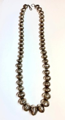 Vintage Native American Navajo Pearls Silver Graduated Stamped Bead Necklace