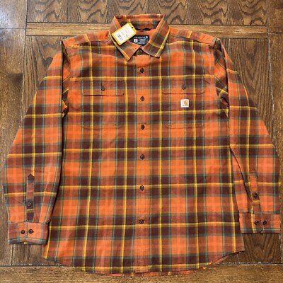 Carhartt Men's Large Heavy Flannel Loose Fit Plaid Shirt Orange