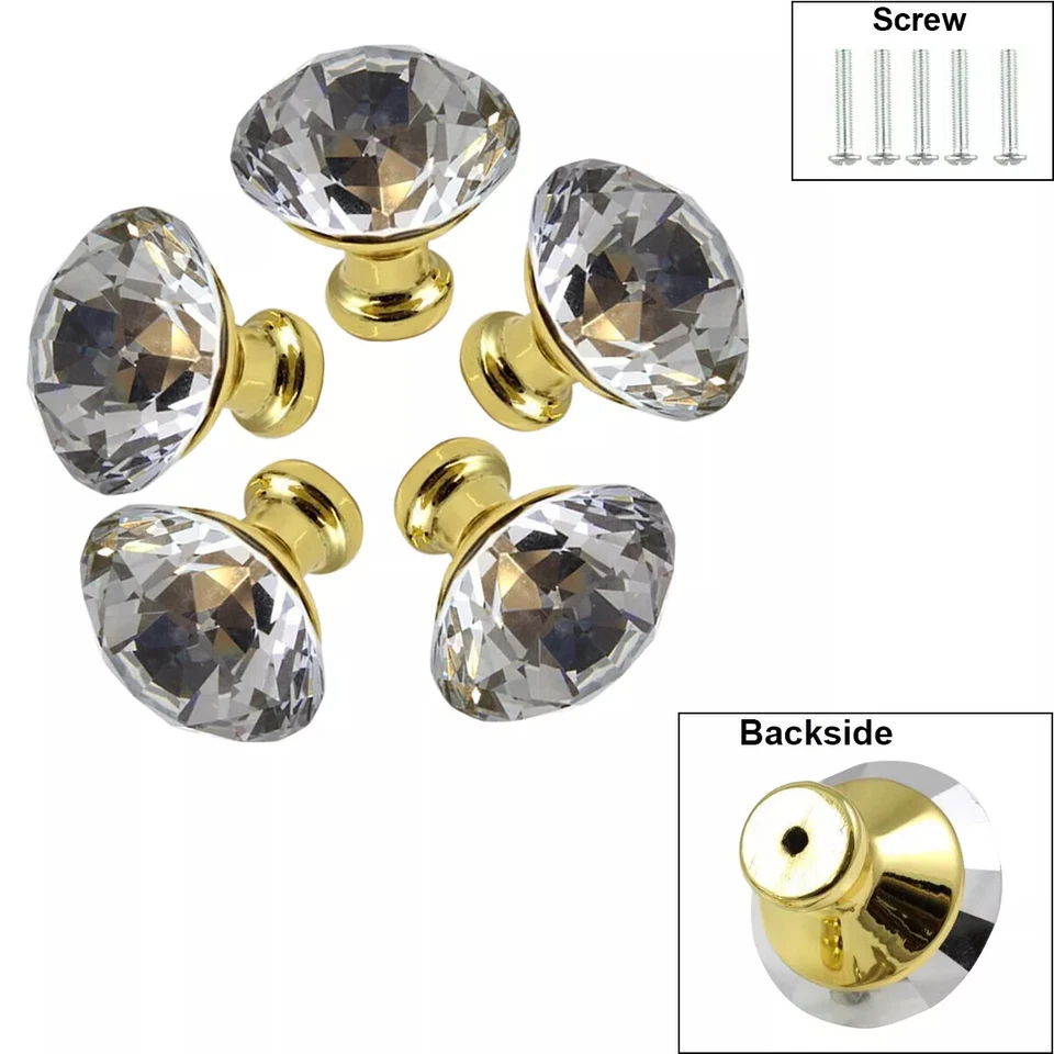 Clear Crystal Diamond Glass Door Knob 40mm Gold Cupboard Furniture Handle - Image 4 of 4