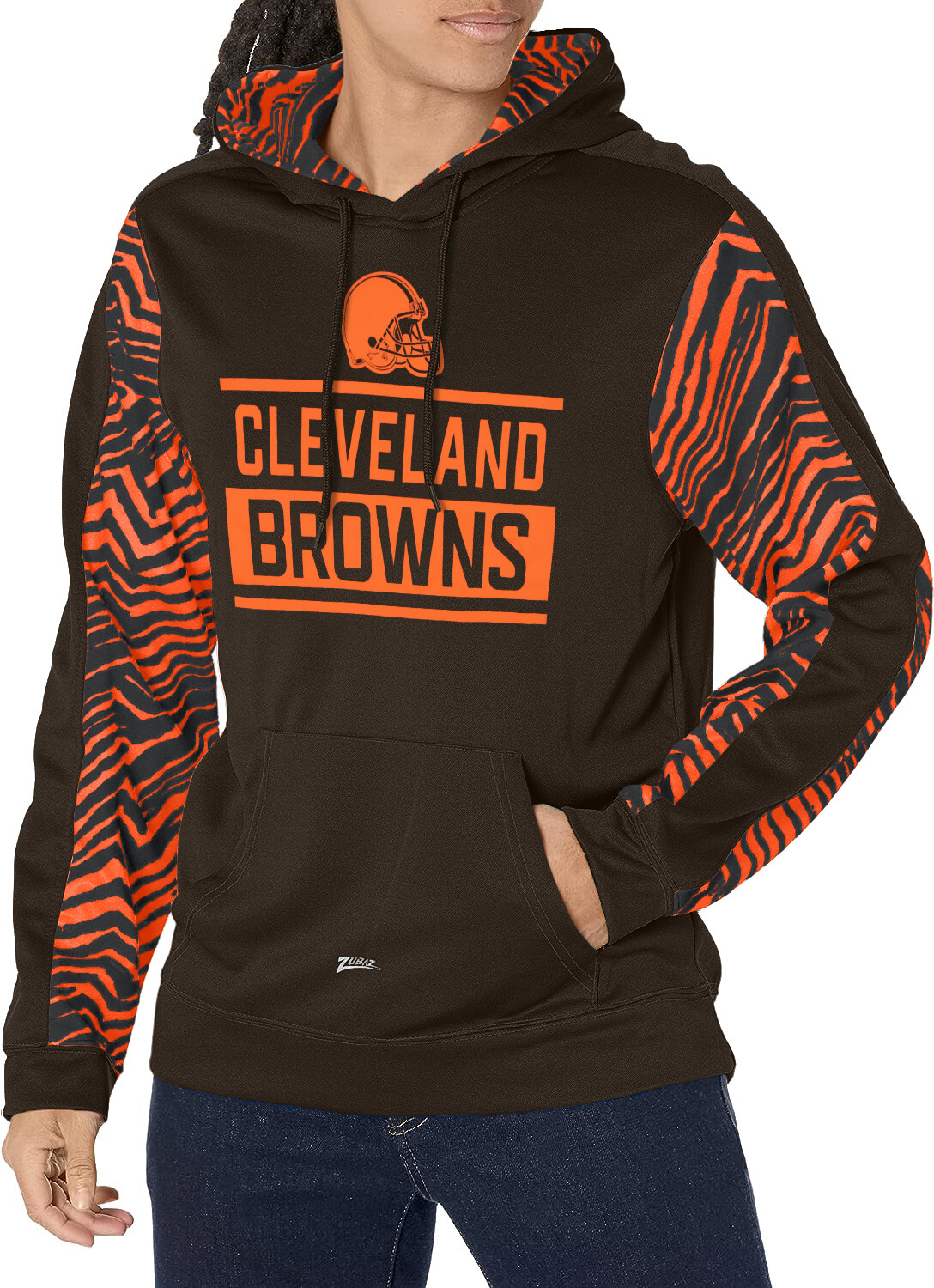 Пуловер с капюшоном Zubaz NFL Mens Cleveland Browns командного цвета с зебровыми вставками