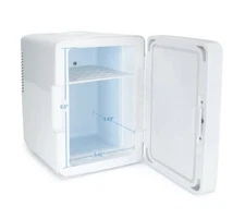 Mini Fridge 6 Can Small Space Cooler & Warmer White Marble Finish Home Auto