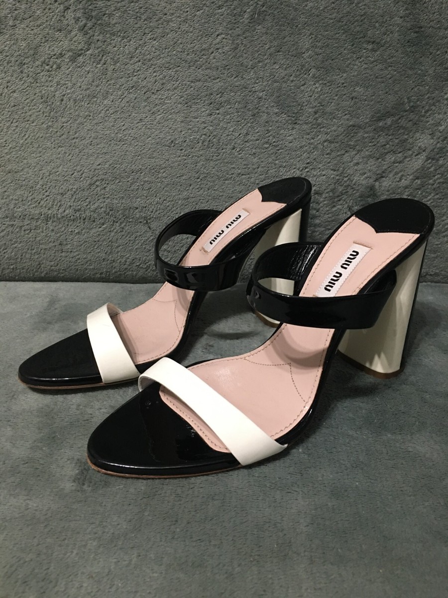 MIU MIU Patent Leather Double Strap Block Heels Mules Size EU 37.5