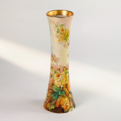 Antique Hand Painted Porcelain Vase Yellow Roses Flowers Leaves Artist Floral