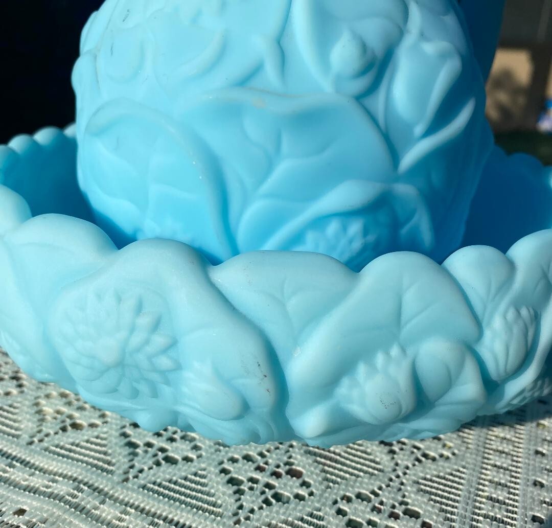 Vintage Fenton Blue Satin Water Lily Milk Glass Pattern