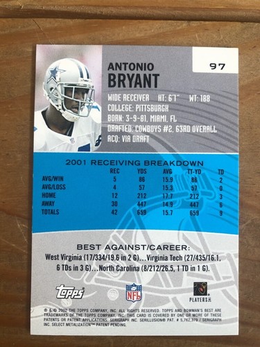 Bowman's Best Antonio Bryant 2002 #97 novato - Imagen 2 de 2