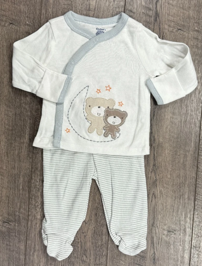 Baby Boy Clothes Nwot Gerber Newborn 2pc 2 Bears Footed Outfit