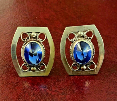 Vintage Ohrringe Sterlingsilber Immergrün Blau Glas Schraubverschluss
