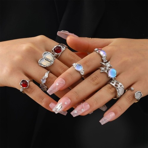 9PCS Silver Plated Rings Set with Dainty Moonstone Crystal Rhinestones Accessory - Picture 2 of 7