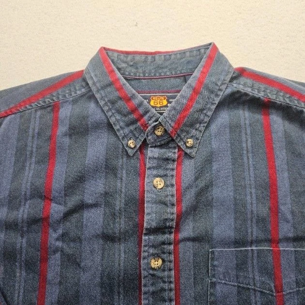 Camisa con botones Route 66 para hombre talla grande azul rojo a rayas manga larga Foto 2 de 4